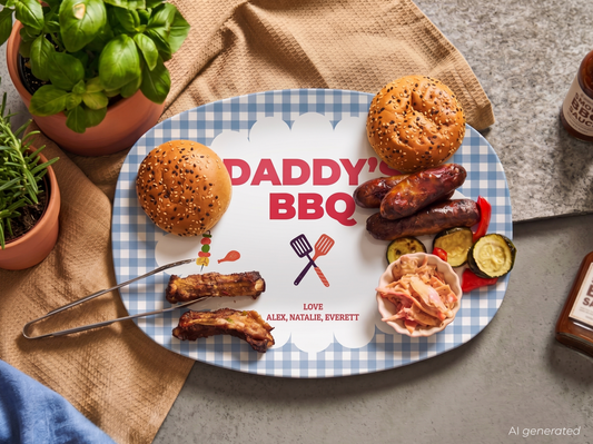 Dinner plate with food and 'Daddy's BBQ' design on a table with plants and a bottle.