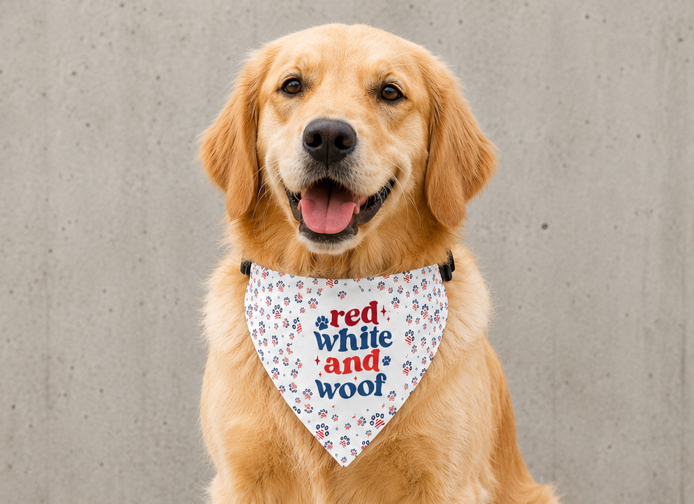 Red White and Woof patriotic dog bandana collar with red white and blue design