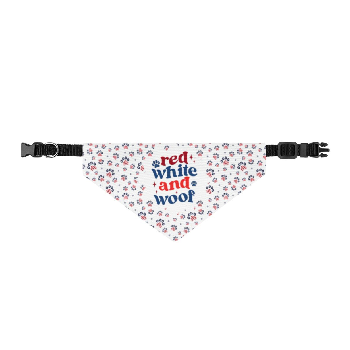 Dog bandana with 'Red White and Woof' text and floral pattern on a white background