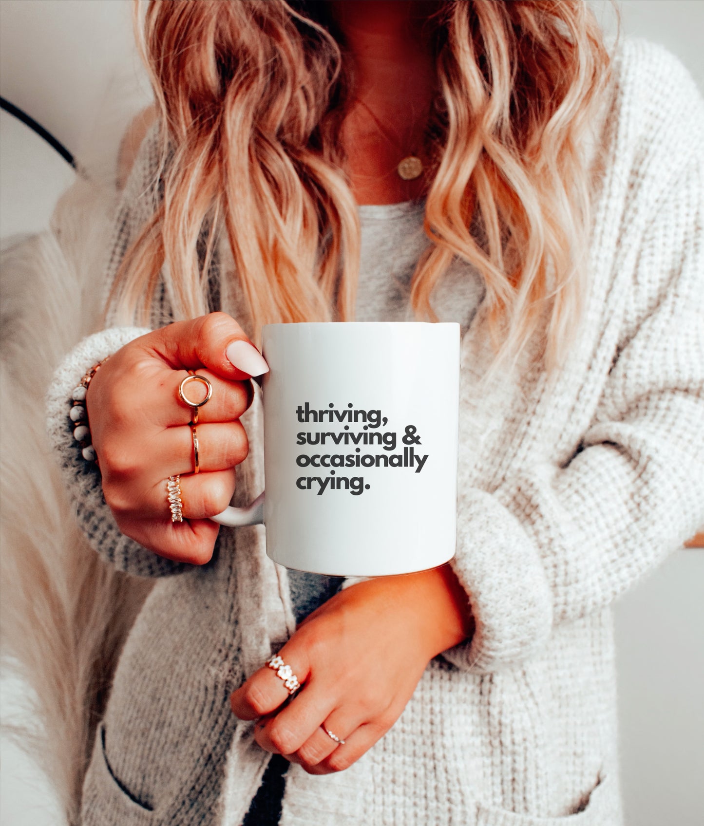 Funny Coffee Mug – “Thriving, Surviving, and Occasionally Crying” | Ceramic Mug for Self-Care & Laughs